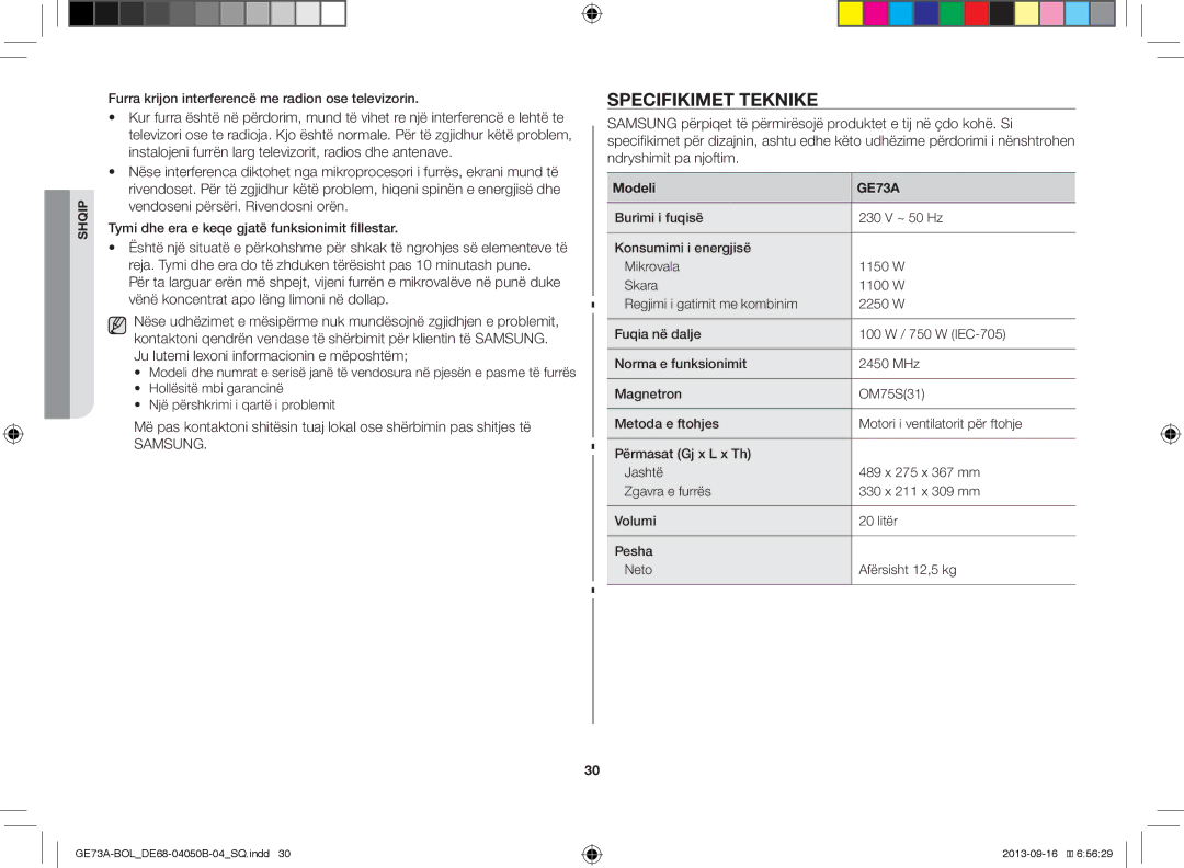 Samsung GE73A/BOL, GE73A/XEO manual Specifikimet Teknike, Furra krijon interferencë me radion ose televizorin, Modeli 