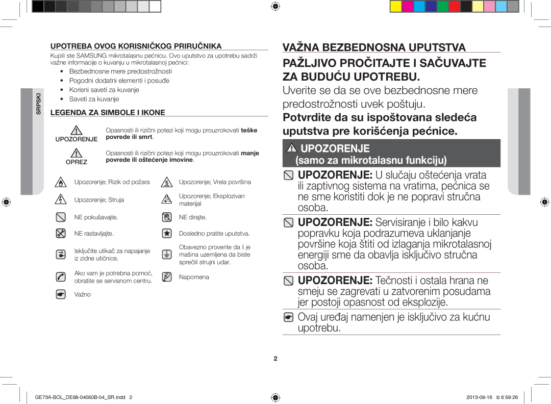 Samsung GE73A/BOL, GE73A/XEO Ovaj uređaj namenjen je isključivo za kućnu upotrebu, Upotreba Ovog Korisničkog Priručnika 