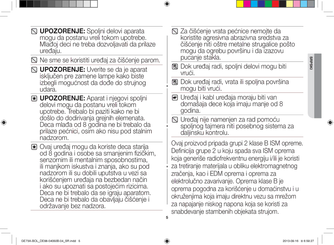 Samsung GE73A/XEO, GE73A/BOL manual Ne sme se koristiti uređaj za čišćenje parom 