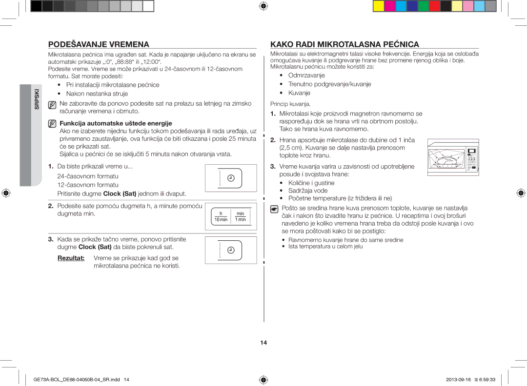 Samsung GE73A/BOL, GE73A/XEO manual Podešavanje Vremena, Kako Radi Mikrotalasna Pećnica, Funkcija automatske uštede energije 