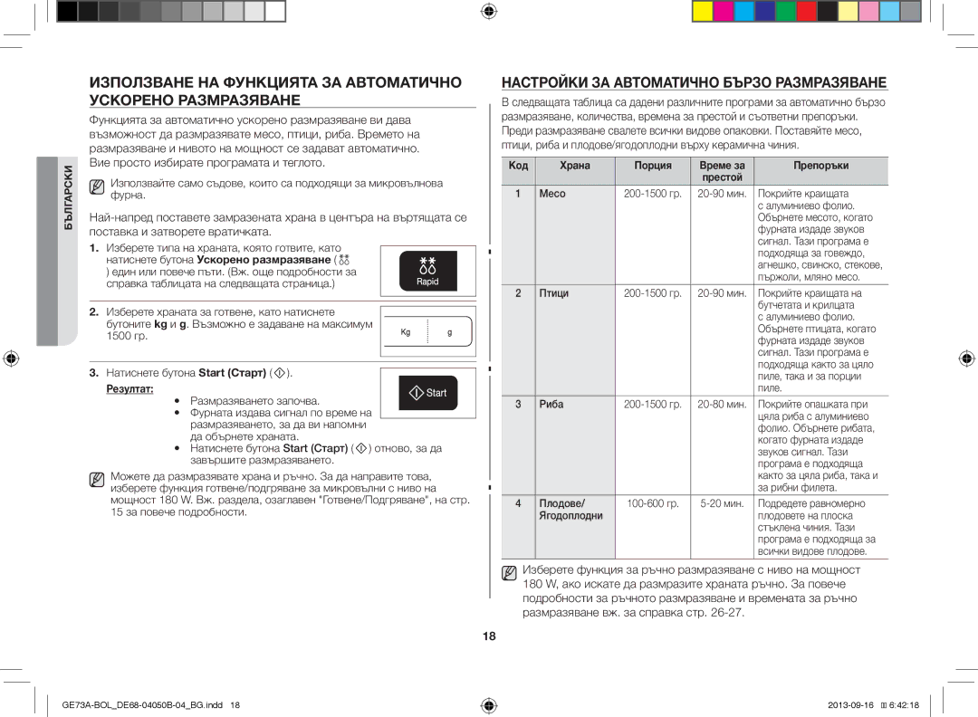 Samsung GE73A/BOL, GE73A/XEO Настройки ЗА Автоматично Бързо Размразяване, Резултат, Код Храна Порция Време за Препоръки 