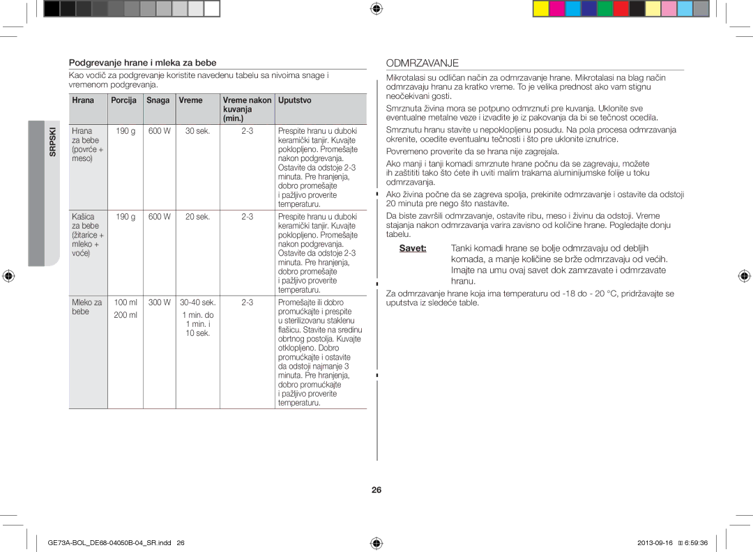 Samsung GE73A/BOL, GE73A/XEO manual Podgrevanje hrane i mleka za bebe, Hrana Porcija Snaga Vreme 