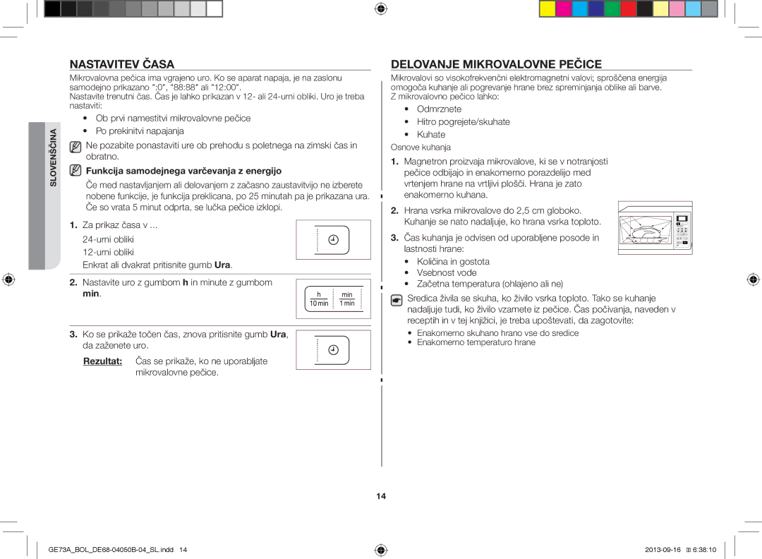 Samsung GE73A/BOL manual Nastavitev Časa, Delovanje Mikrovalovne Pečice, Funkcija samodejnega varčevanja z energijo, Min 