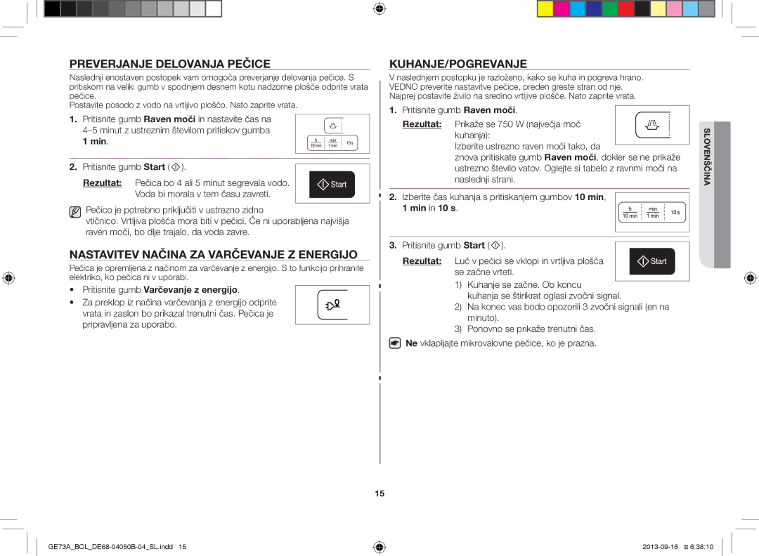 Samsung GE73A/XEO, GE73A/BOL Preverjanje Delovanja Pečice, Nastavitev Načina ZA Varčevanje Z Energijo, Kuhanje/Pogrevanje 