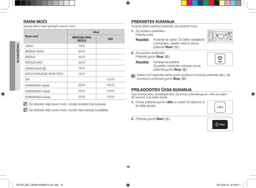 Samsung GE73A/BOL, GE73A/XEO manual Ravni Moči, Prekinitev Kuhanja, Prilagoditev Časa Kuhanja, Izhod, Raven moči 