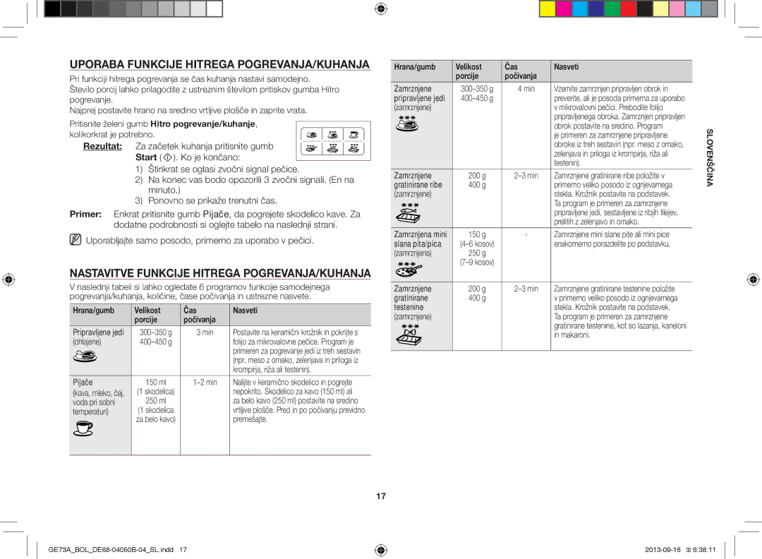 Samsung GE73A/XEO, GE73A/BOL Uporaba Funkcije Hitrega POGREVANJA/KUHANJA, Nastavitve Funkcije Hitrega POGREVANJA/KUHANJA 