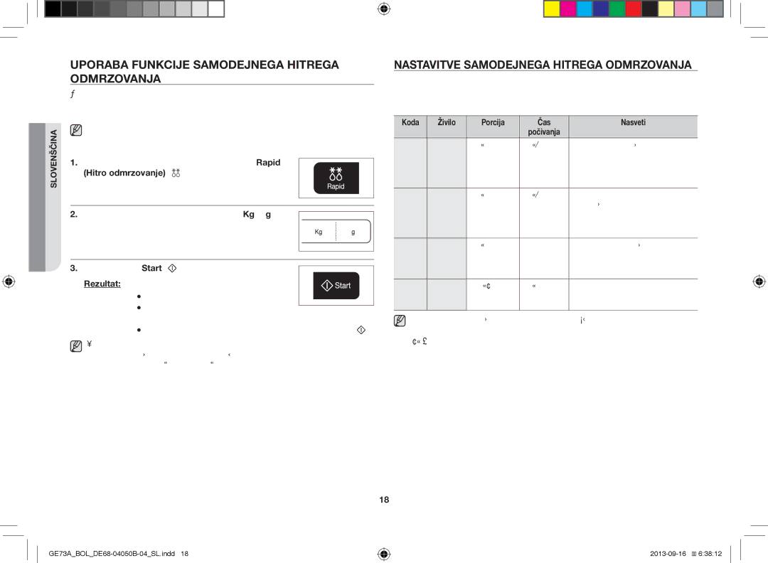 Samsung GE73A/BOL, GE73A/XEO Uporaba Funkcije Samodejnega Hitrega Odmrzovanja, Nastavitve Samodejnega Hitrega Odmrzovanja 