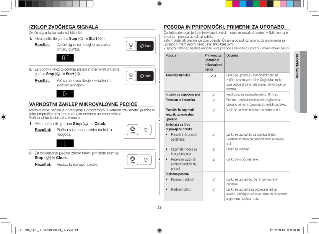 Samsung GE73A/XEO Izklop Zvočnega Signala, Varnostni Zaklep Mikrovalovne Pečice, Posoda in PRIPOMOČKI, Primerni ZA Uporabo 