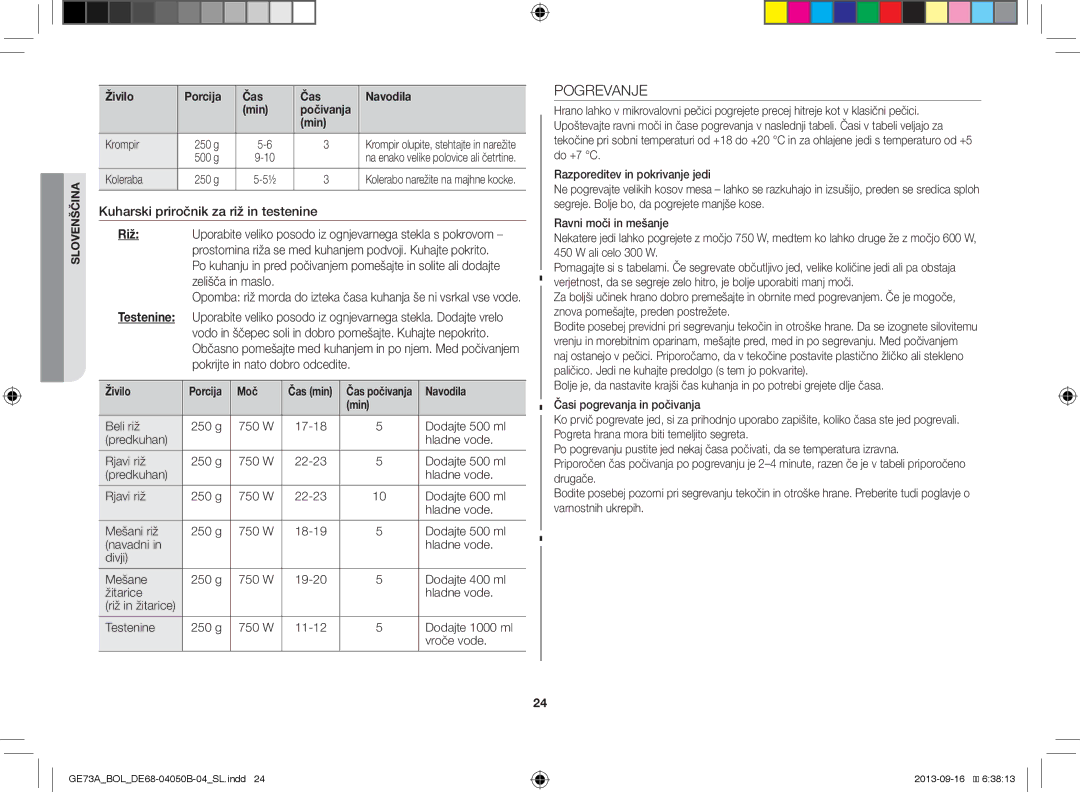 Samsung GE73A/BOL, GE73A/XEO manual Pogrevanje, Min Krompir 250 g, 500 g, Koleraba 250 g 