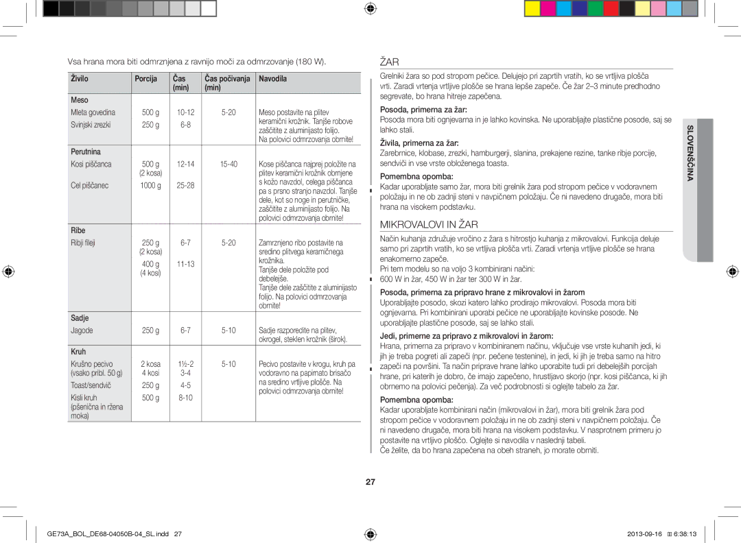 Samsung GE73A/XEO, GE73A/BOL manual Žar, Mikrovalovi in ŽAR, Živilo Porcija Čas 