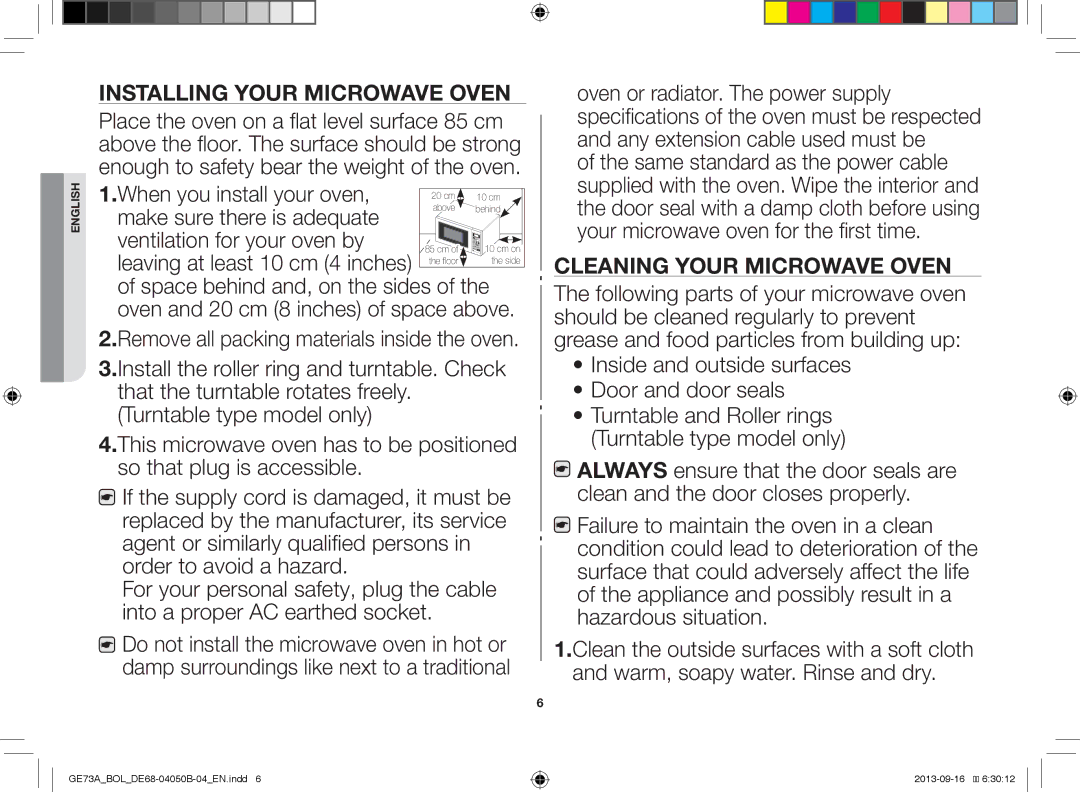 Samsung GE73A/BOL, GE73A/XEO manual Installing Your Microwave Oven, Cleaning Your Microwave Oven 