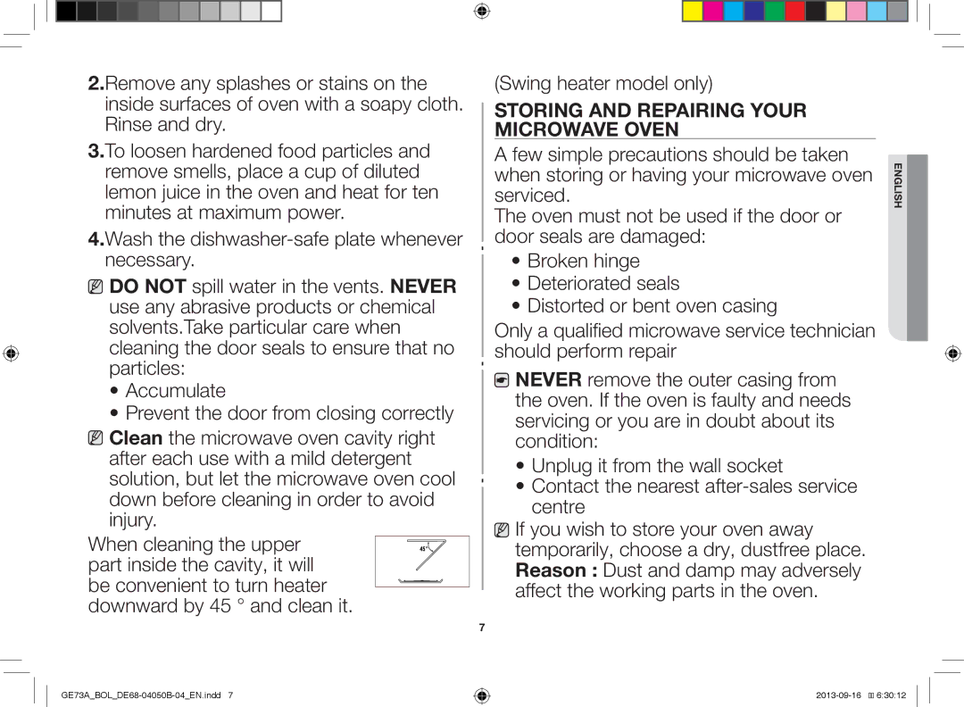 Samsung GE73A/XEO, GE73A/BOL manual Swing heater model only, Storing and Repairing Your Microwave Oven 