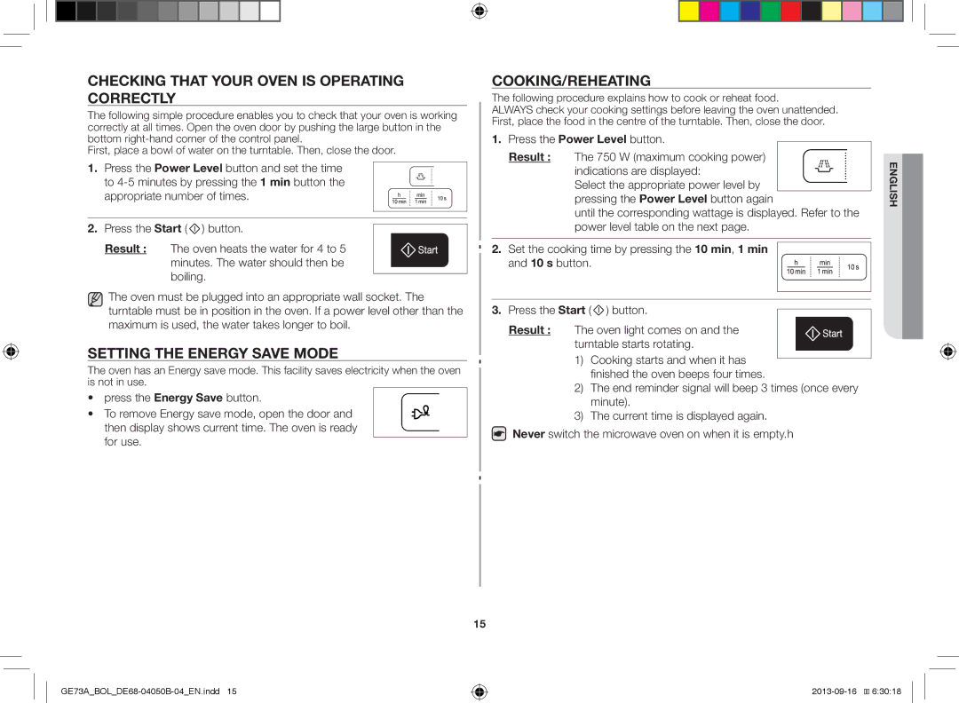 Samsung GE73A/XEO manual Checking That Your Oven is Operating Correctly, Setting the Energy Save Mode, Cooking/Reheating 