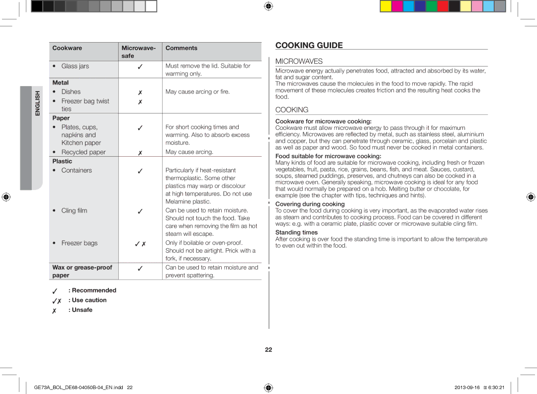 Samsung GE73A/BOL, GE73A/XEO manual Cooking Guide, Microwaves 