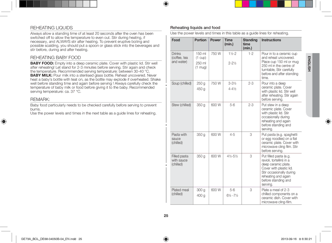 Samsung GE73A/XEO, GE73A/BOL manual Reheating Liquids, Reheating Baby Food, Remark, Reheating liquids and food 