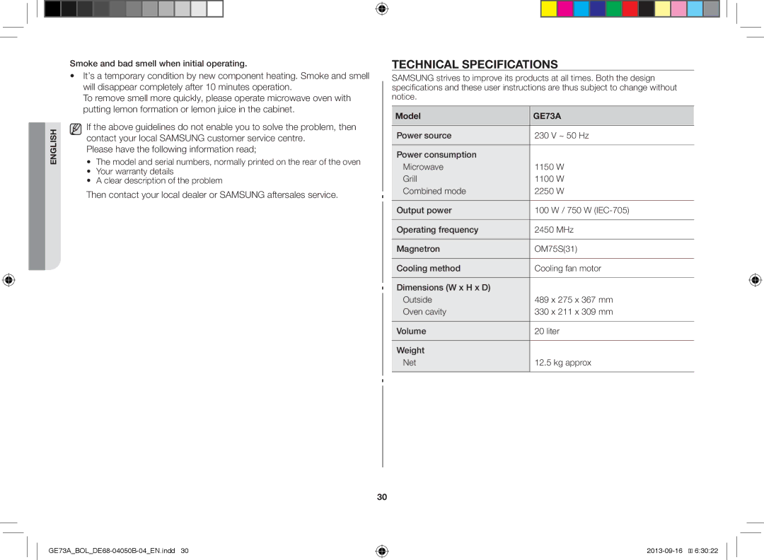 Samsung GE73A/BOL, GE73A/XEO manual Technical Specifications, Smoke and bad smell when initial operating 