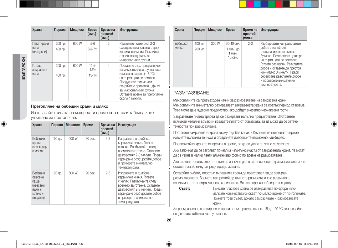 Samsung GE73A/BOL, GE73A/XEO manual Размразяване, Инструкции Престой Мин 