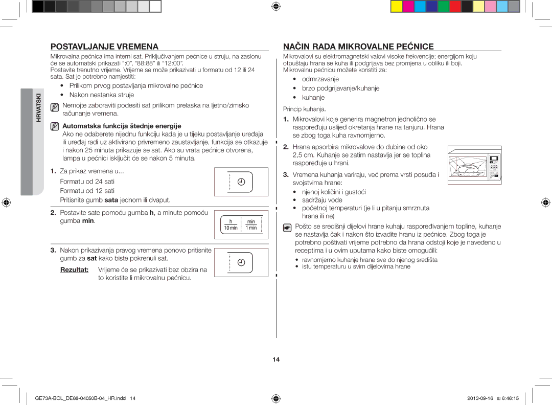 Samsung GE73A/BOL, GE73A/XEO Postavljanje Vremena, Način Rada Mikrovalne Pećnice, Automatska funkcija štednje energije 