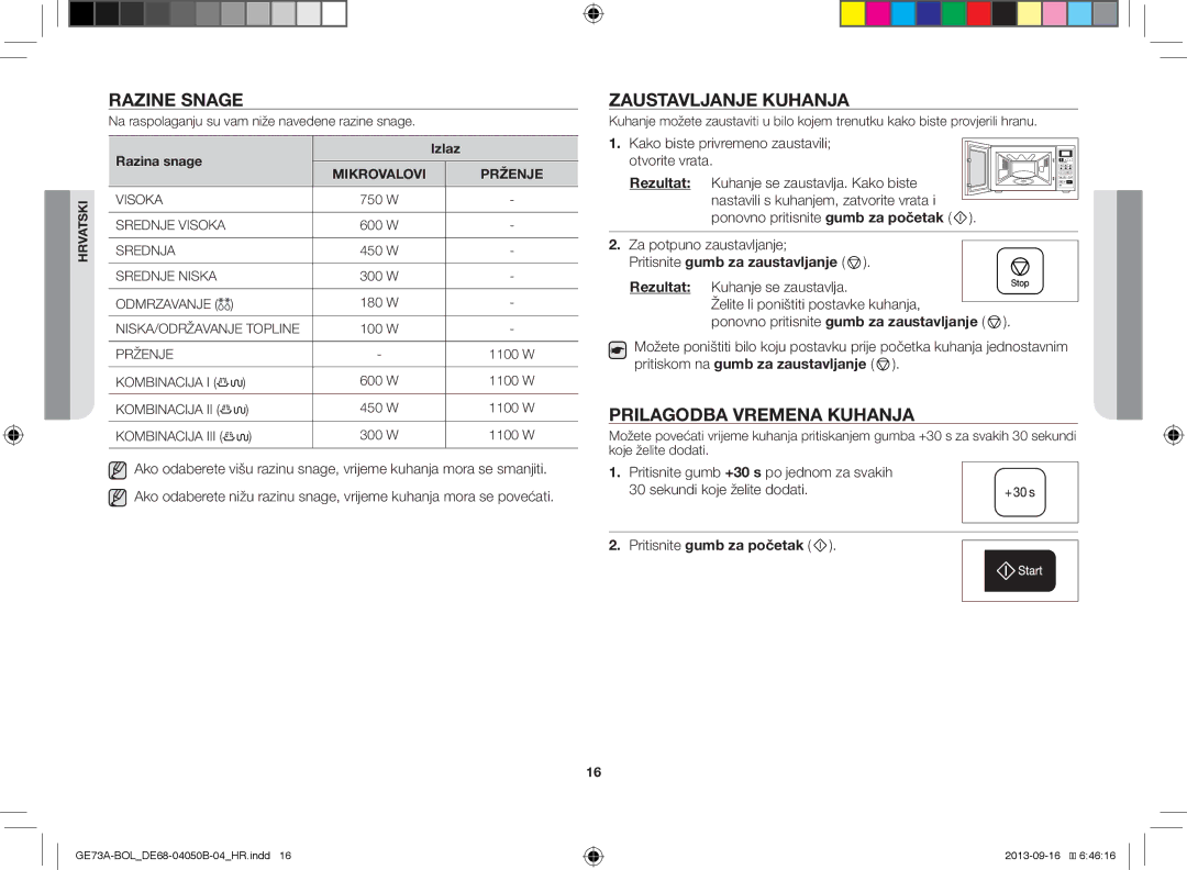 Samsung GE73A/BOL manual Razine Snage, Zaustavljanje Kuhanja, Prilagodba Vremena Kuhanja, Pritisnite gumb za zaustavljanje 