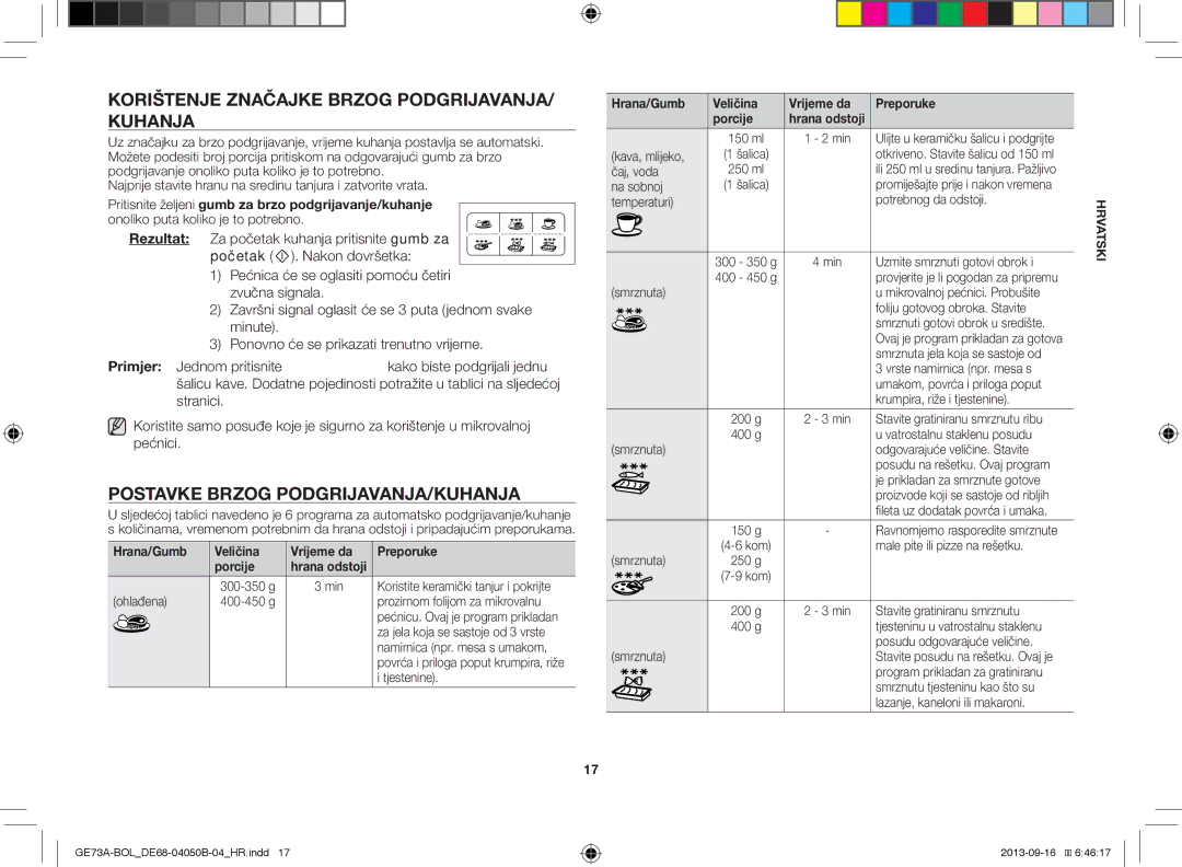 Samsung GE73A/XEO, GE73A/BOL manual Korištenje Značajke Brzog PODGRIJAVANJA/ Kuhanja, Postavke Brzog PODGRIJAVANJA/KUHANJA 