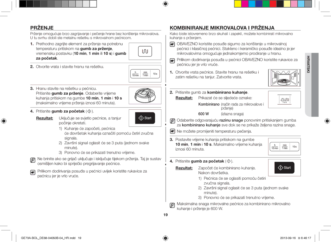 Samsung GE73A/XEO, GE73A/BOL manual Prženje, Kombiniranje Mikrovalova I Prženja, Pritisnite gumb za kombinirano kuhanje 