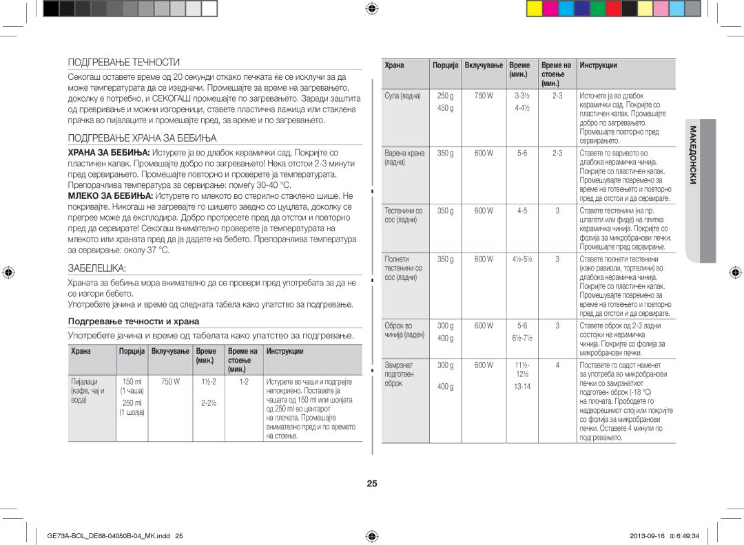 Samsung GE73A/XEO, GE73A/BOL Подгревање Течности, Подгревање Храна ЗА Бебиња, Забелешка, Стоење Мин, Инструкции Мин Стоење 