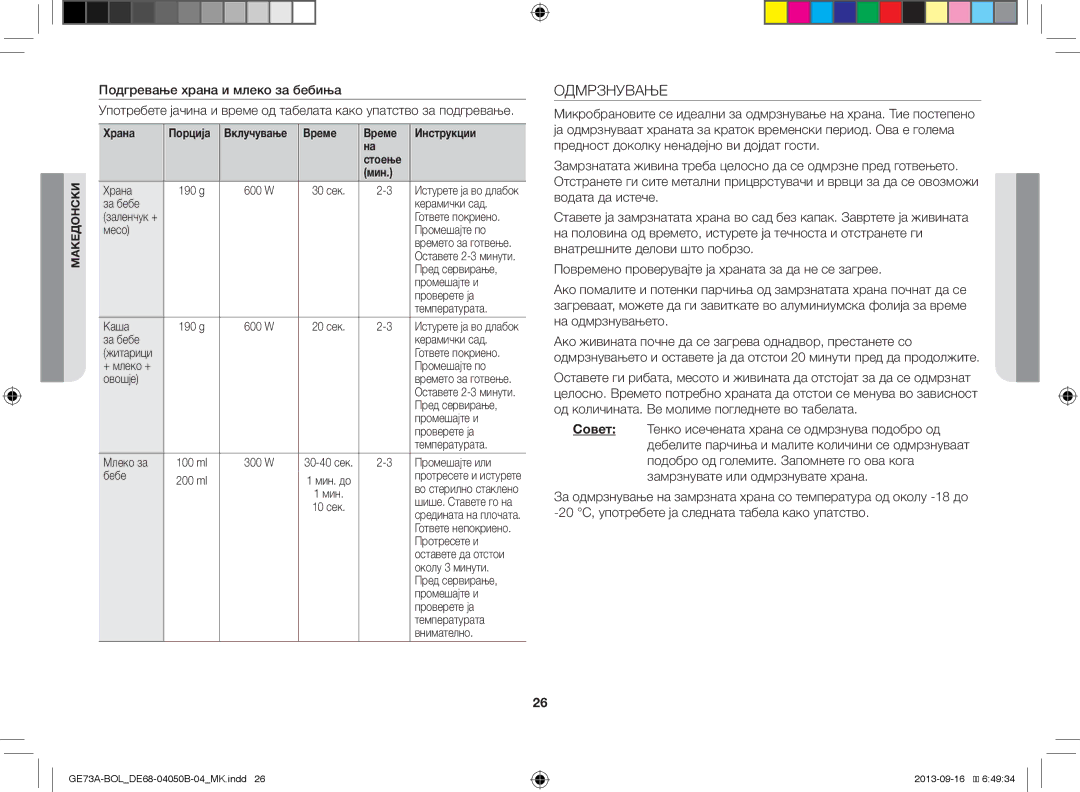 Samsung GE73A/BOL, GE73A/XEO manual Одмрзнување, Храна Порција, Време Инструкции Стоење Мин 