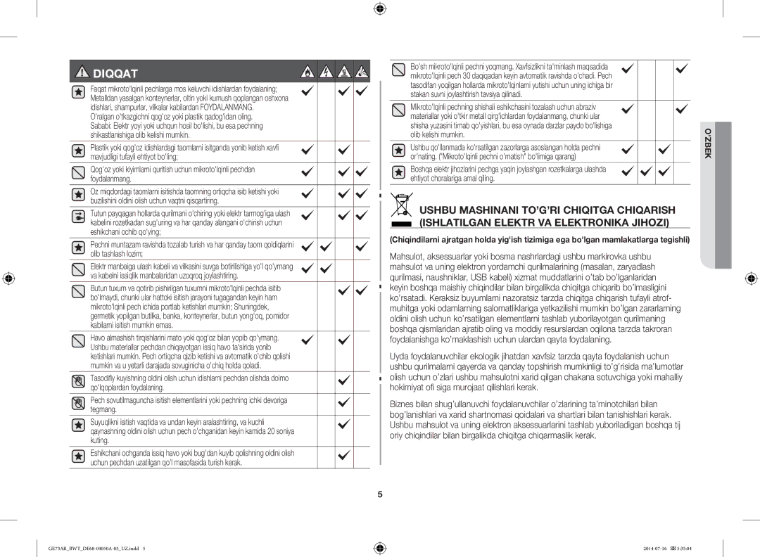 Samsung GE73AR/BWT manual Diqqat, Olib kelishi mumkin 