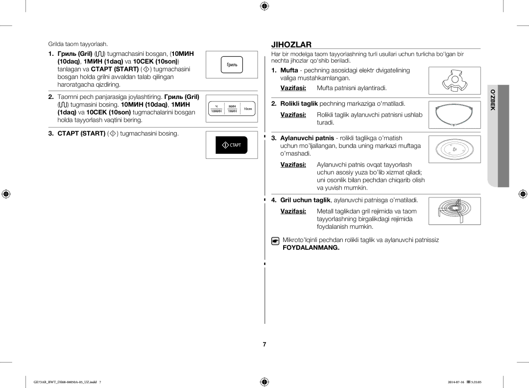 Samsung GE73AR/BWT manual Jihozlar, Vazifasi, Mufta patnisni aylantiradi, Rolikli taglik pechning markaziga ornatiladi 