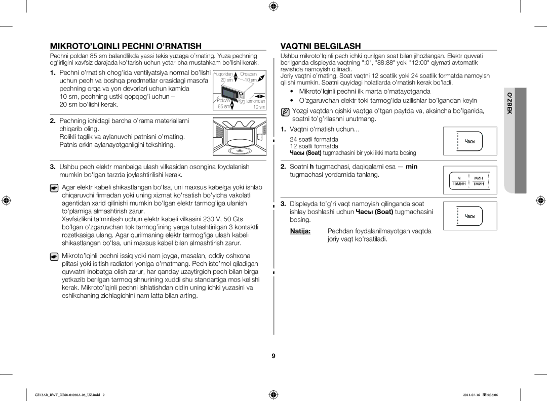 Samsung GE73AR/BWT MIKROTO’LQINLI Pechni O’RNATISH Vaqtni Belgilash, Uchun pech va boshqa predmetlar orasidagi masofa 