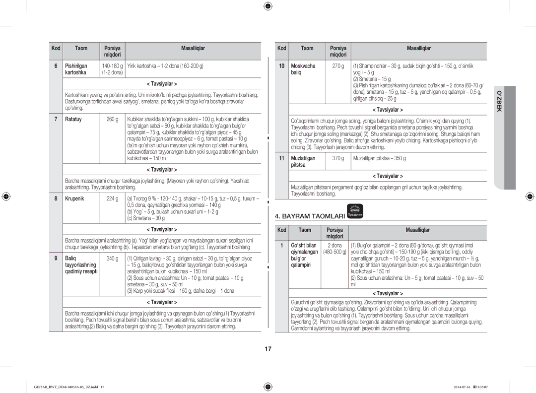 Samsung GE73AR/BWT manual Bayram Taomlari 