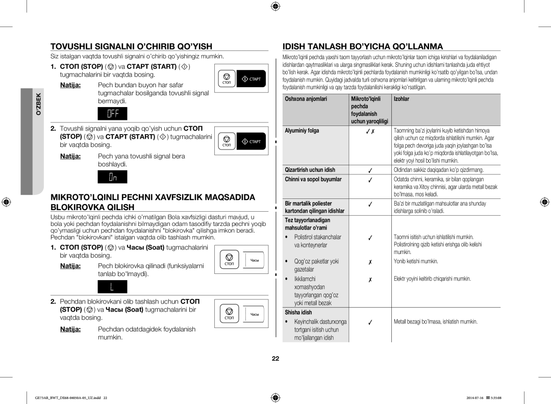 Samsung GE73AR/BWT manual Tovushli Signalni O’CHIRIB QO’YISH, Idish Tanlash BO’YICHA QO’LLANMA 