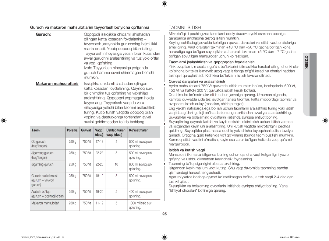 Samsung GE73AR/BWT manual Taomni Isitish, Guruch 