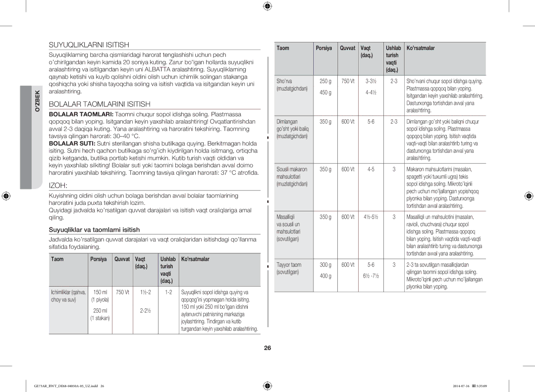 Samsung GE73AR/BWT manual Suyuqliklarni Isitish, Bolalar Taomlarini Isitish, Izoh, Suyuqliklar va taomlarni isitish 