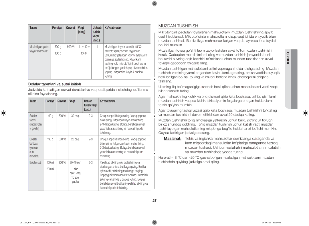 Samsung GE73AR/BWT manual Muzdan Tushirish, Bolalar taomlari va sutni isitish, Vaqt Ushlab Ko’rsatmalar 