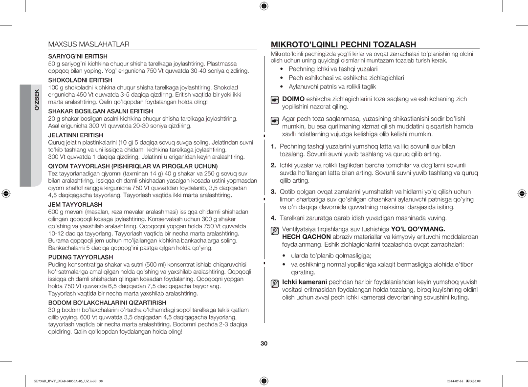 Samsung GE73AR/BWT manual MIKROTO’LQINLI Pechni Tozalash, Maxsus Maslahatlar 