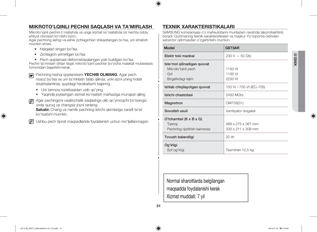 Samsung GE73AR/BWT manual MIKROTO’LQINLI Pechni Saqlash VA TA’MIRLASH, Texnik Xarakteristikalari, Model 