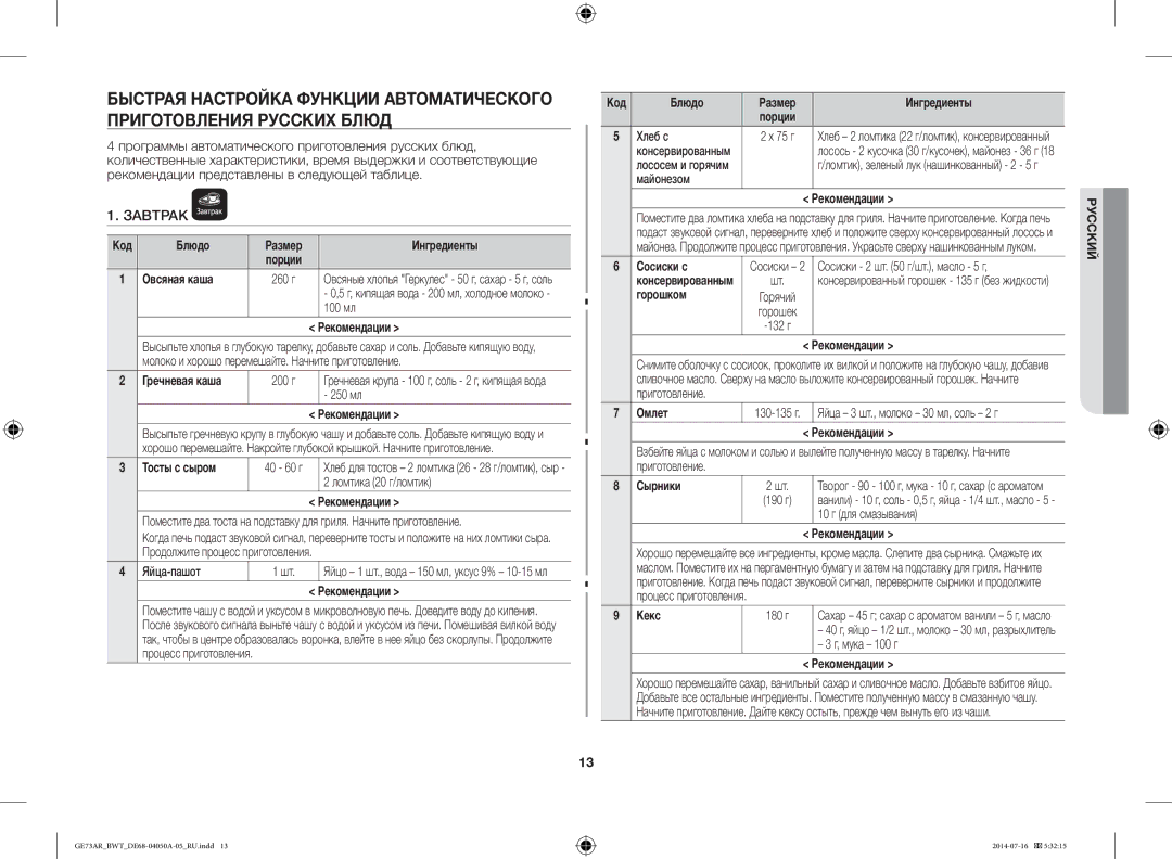 Samsung GE73AR/BWT manual Завтрак 