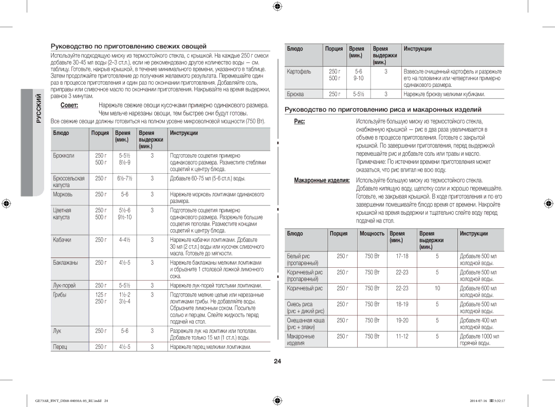Samsung GE73AR/BWT Руководство по приготовлению свежих овощей, Руководство по приготовлению риса и макаронных изделий, Рис 