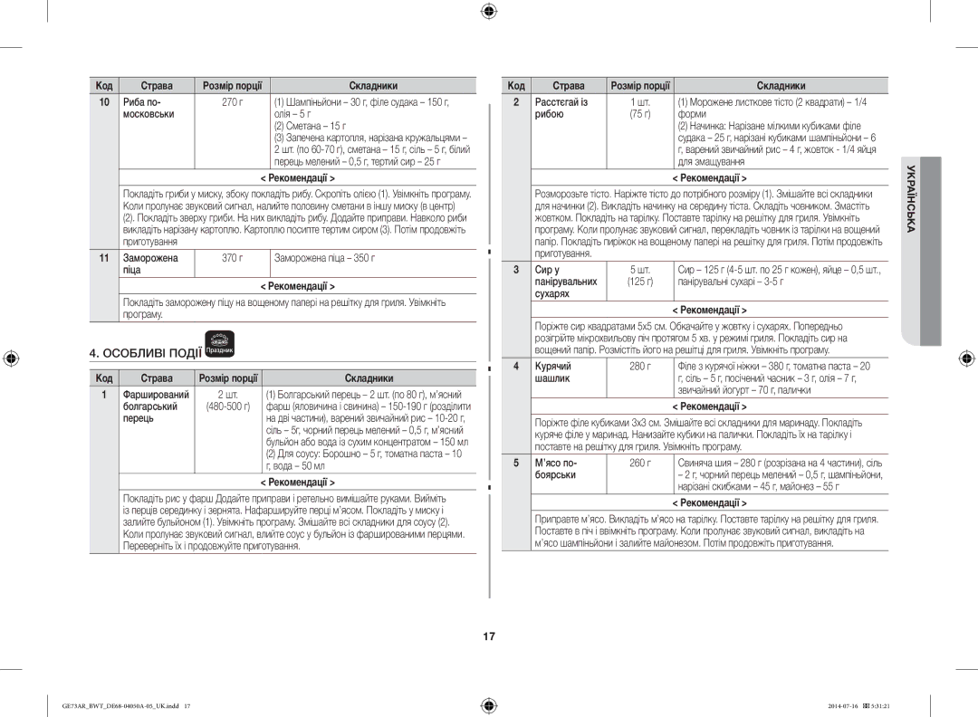 Samsung GE73AR/BWT manual Особливі Події, Риба по, Московськи Олія 5 г 