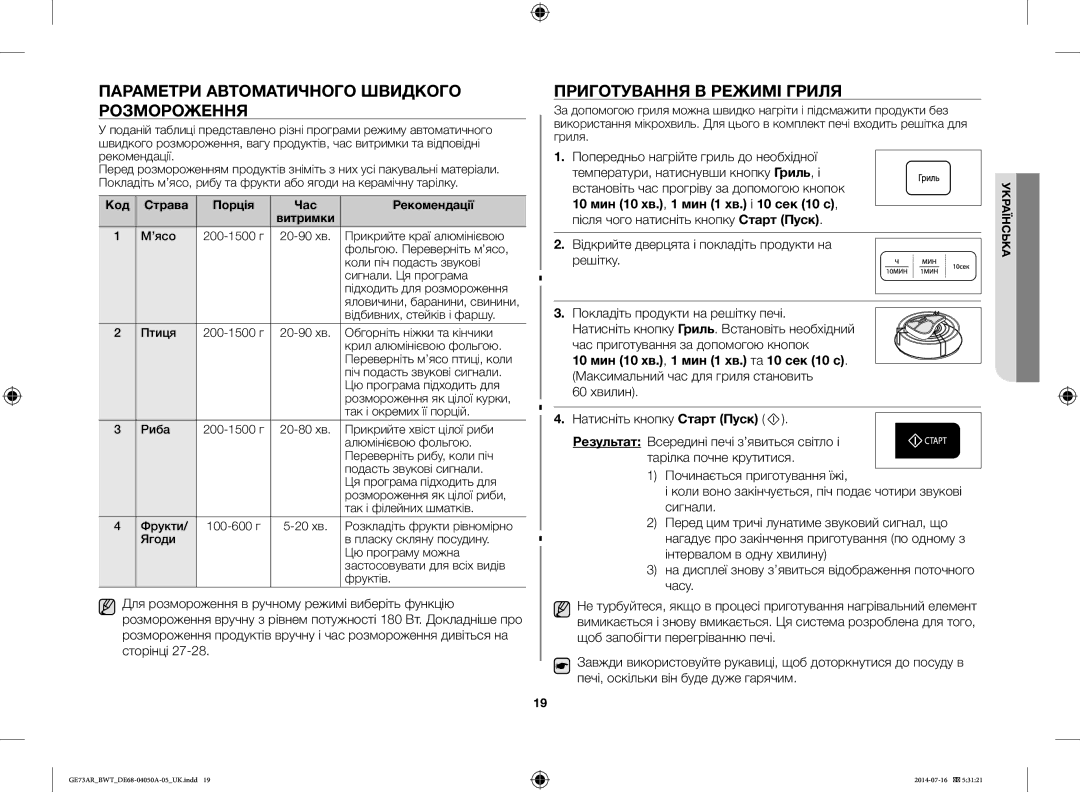 Samsung GE73AR/BWT manual Параметри Автоматичного Швидкого Розмороження, Приготування В Режимі Гриля 