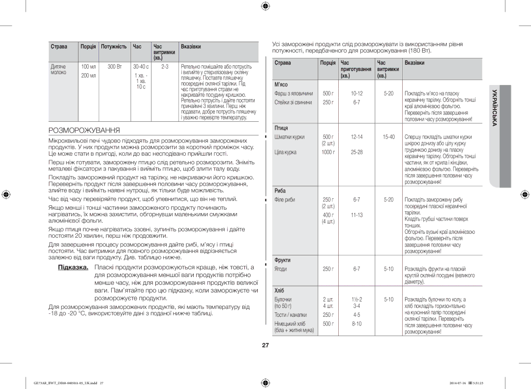 Samsung GE73AR/BWT manual Розморожування 