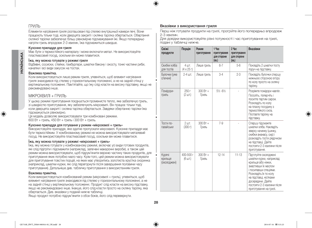 Samsung GE73AR/BWT manual Мікрохвилі + Гриль, Вказівки з використання гриля, Свіжі Порція Режим Час Вказівки Продукти 