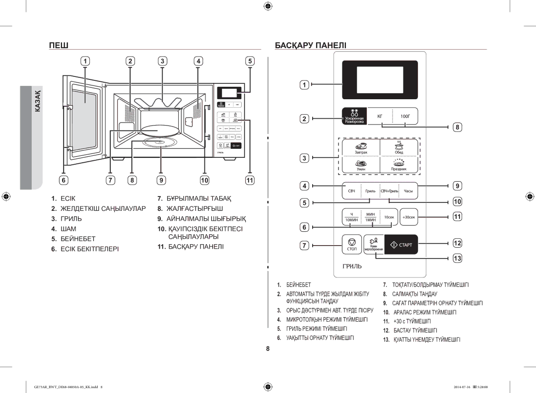 Samsung GE73AR/BWT manual ПЕШ Басқару Панелі, +30 с Түймешігі 