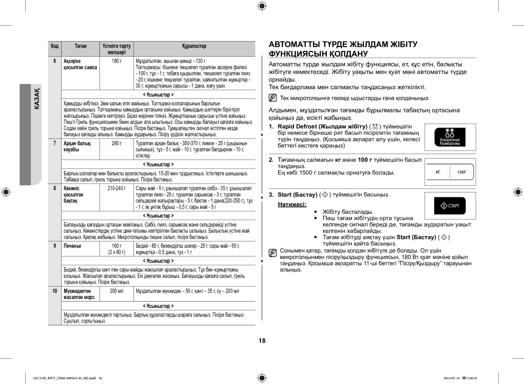 Samsung GE73AR/BWT manual Автоматты Түрде Жылдам Жібіту Функциясын Қолдану 