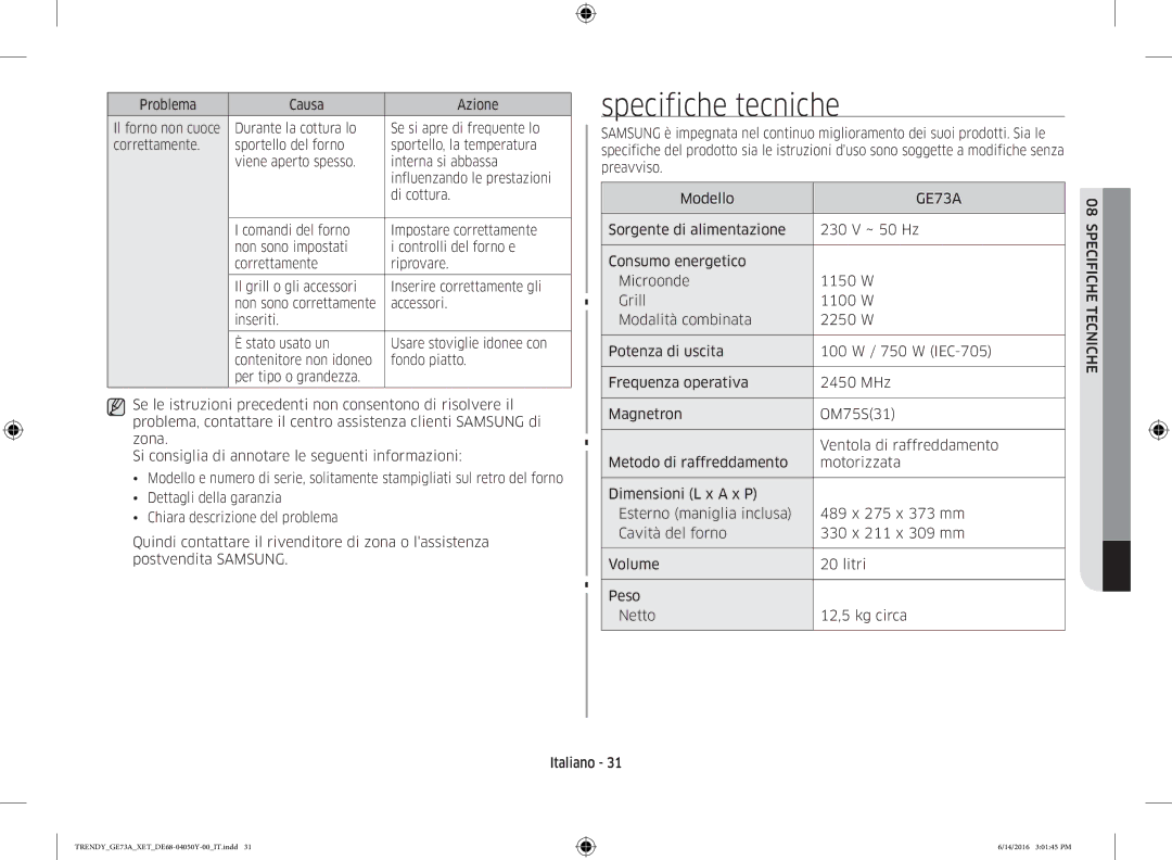 Samsung GE73A/XET manual Specifiche tecniche, Problema Causa Azione, Accessori 