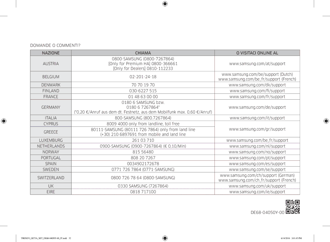 Samsung GE73A/XET Domande O COMMENTI? Nazione Chiama Visitaci Online AL, Belgium, Denmark, Finland, Luxemburg, Sweden 