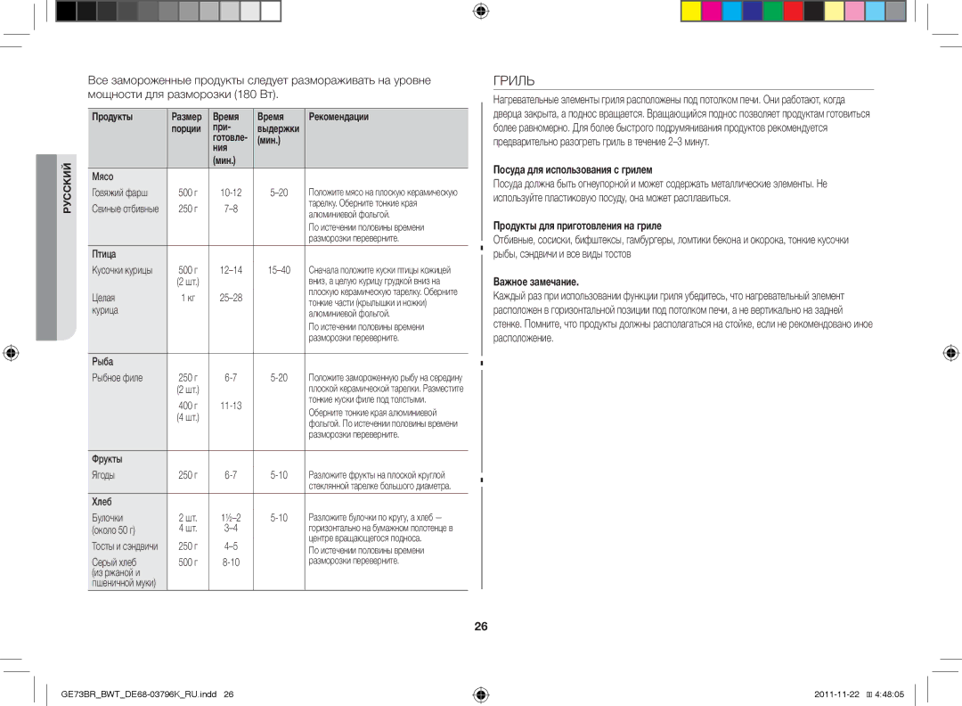 Samsung GE73BR/BWT manual Гриль, Посуда для использования с грилем, Продукты для приготовления на гриле, Важное замечание 