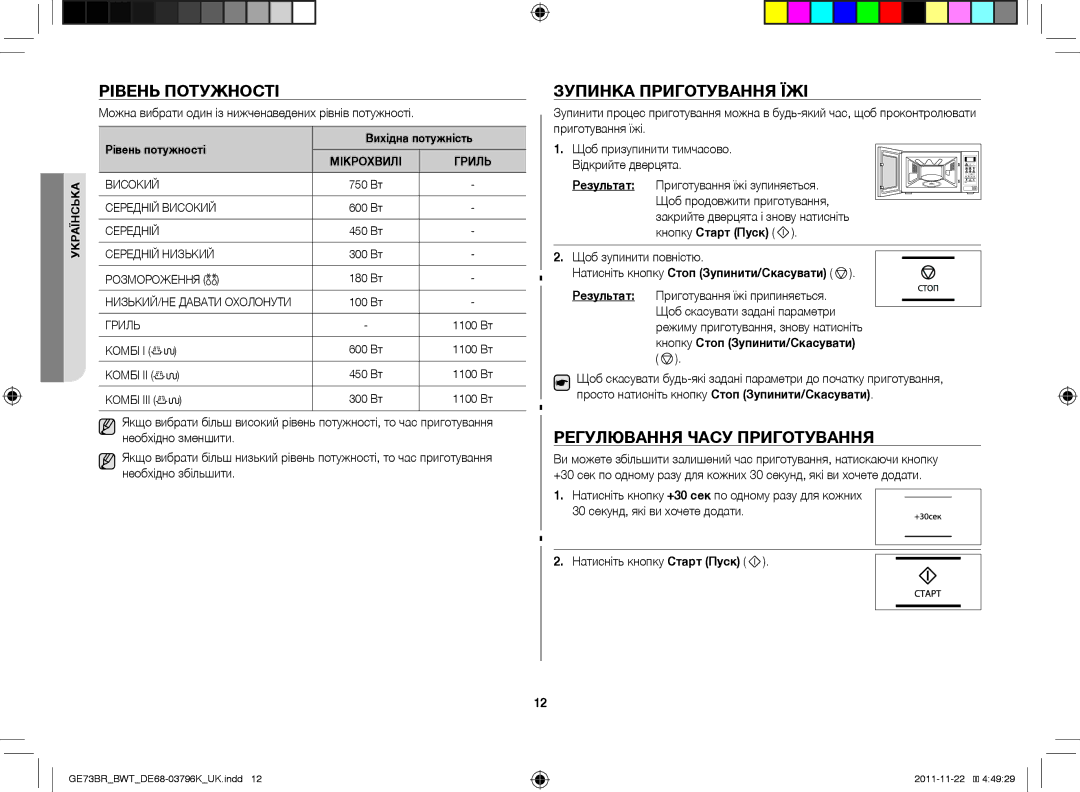 Samsung GE73BR/BWT manual Рівень потужності, Зупинка приготування їжі, Регулювання часу приготування, Кнопку Старт Пуск 