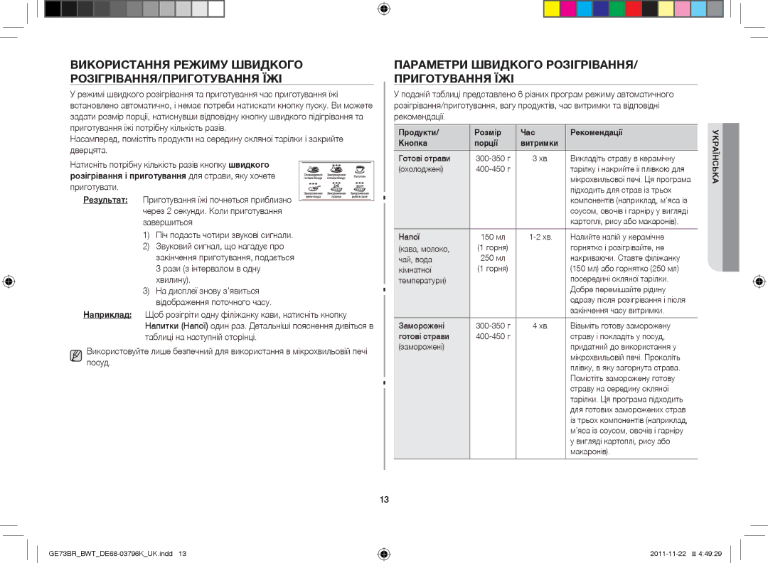 Samsung GE73BR/BWT manual Використання режиму швидкого розігрівання/приготування їжі 